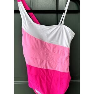 NWT Sz M One Piece One Shoulder Swimsuit with Diagonal Stripe, Pink and White